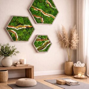 Hexagon Moss Wall Art – Handmade Preserved Moss & Wood Decor with Brown Crystal Geode | Botanical Wall Art | Zero-Maintenance Green Wall
