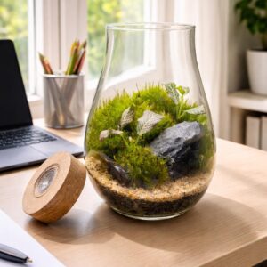 8” Tall Handcrafted Moss Terrarium with Japanese Stone & Deer Figurine | Mini Forest Glass Terrarium | Unique Nature Decor Gift