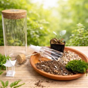 DIY Terrarium Kit – 7” Glass Jar with LED Cork Lid, Live Moss & Plants, Complete Nature Craft Gift Set for Home Decor and Plant Lovers