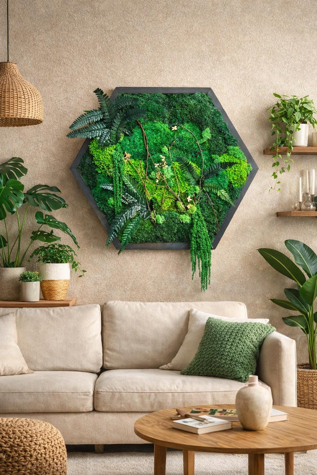 Hexagon Preserved Moss Wall Art, Botanical Green - Image 3