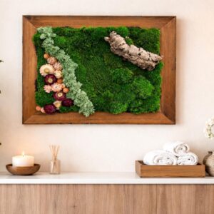 Framed Preserved Moss Wall Art with Driftwood, Reclaimed Wood