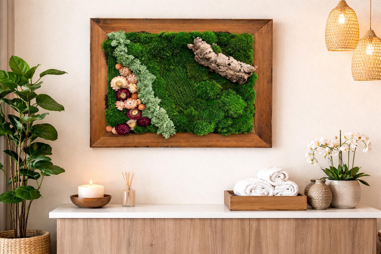 Framed Preserved Moss Wall Art with Driftwood, Reclaimed Wood