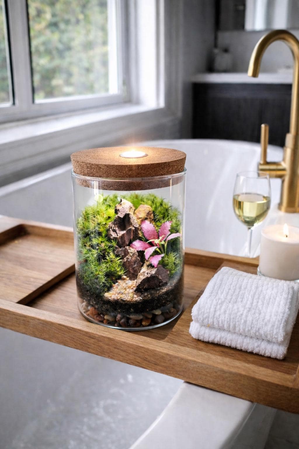 Pink Fittonia Moss Terrarium with Pagoda Stone - Image 5