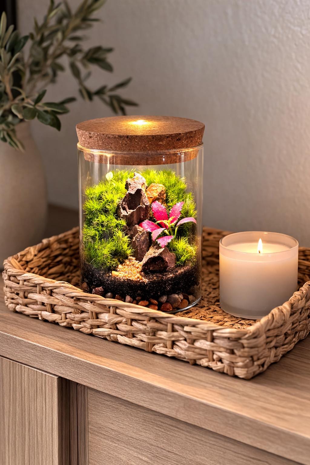 Pink Fittonia Moss Terrarium with Pagoda Stone - Image 6