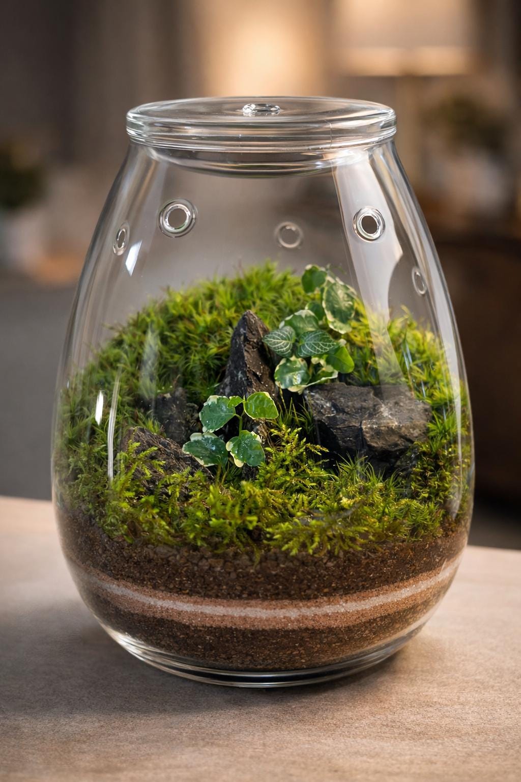 Handcrafted Self-Sustaining Glass Terrarium, Ventilated Design