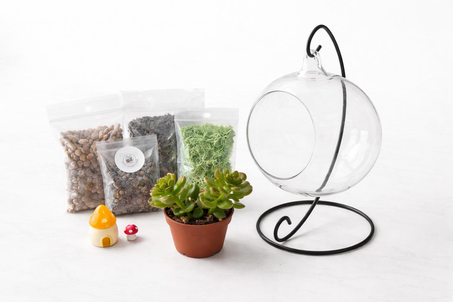 Open Orb Hanging Terrarium Kit with Mushroom Decor - Image 4