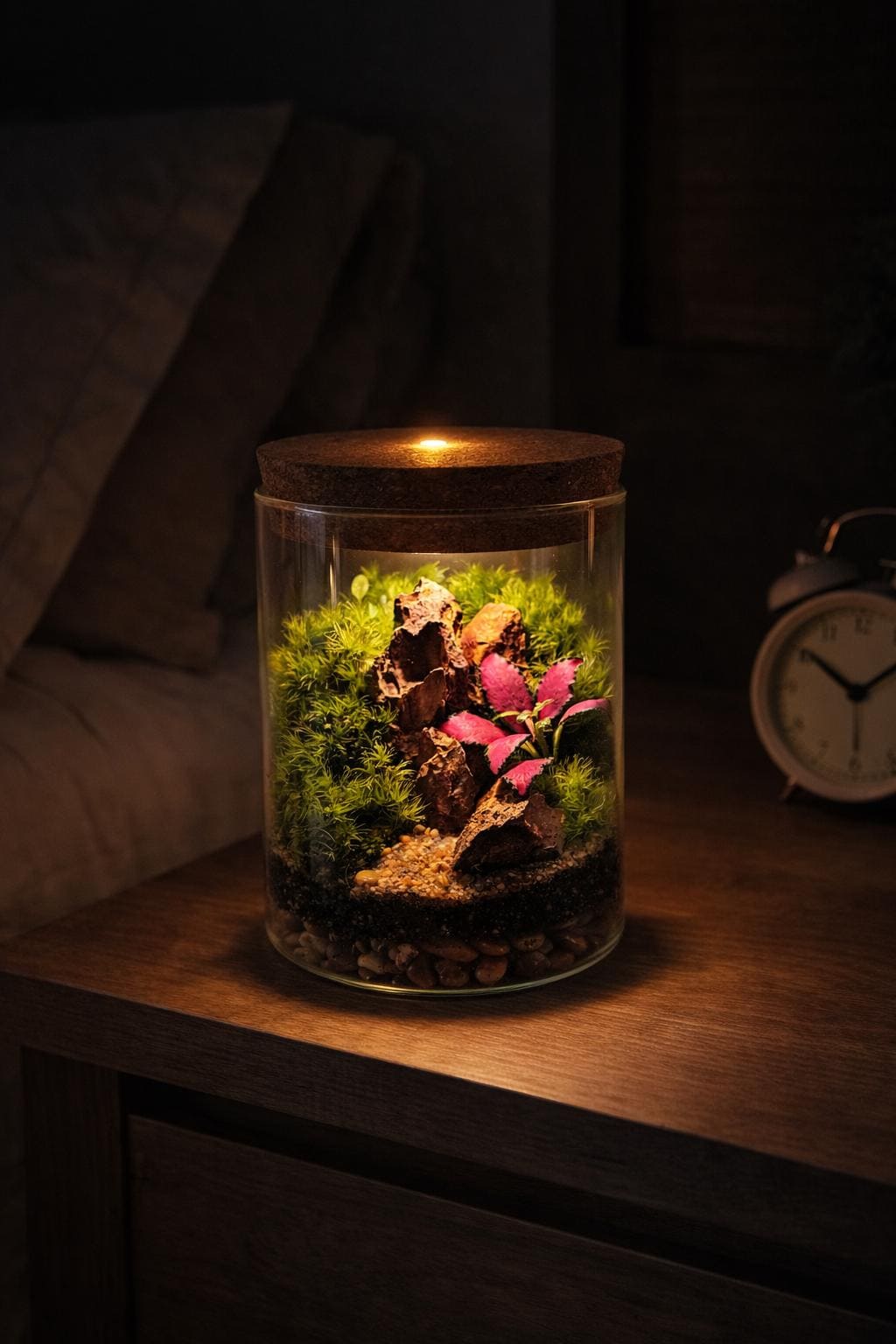 Pink Fittonia Moss Terrarium with Pagoda Stone - Image 7