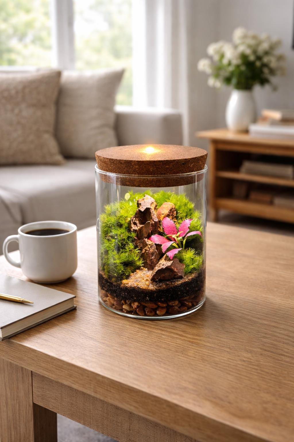 Pink Fittonia Moss Terrarium with Pagoda Stone - Image 4