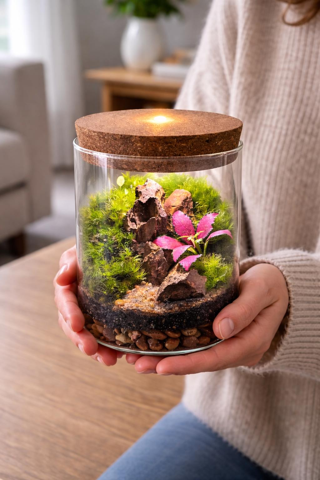 Pink Fittonia Moss Terrarium with Pagoda Stone - Image 8