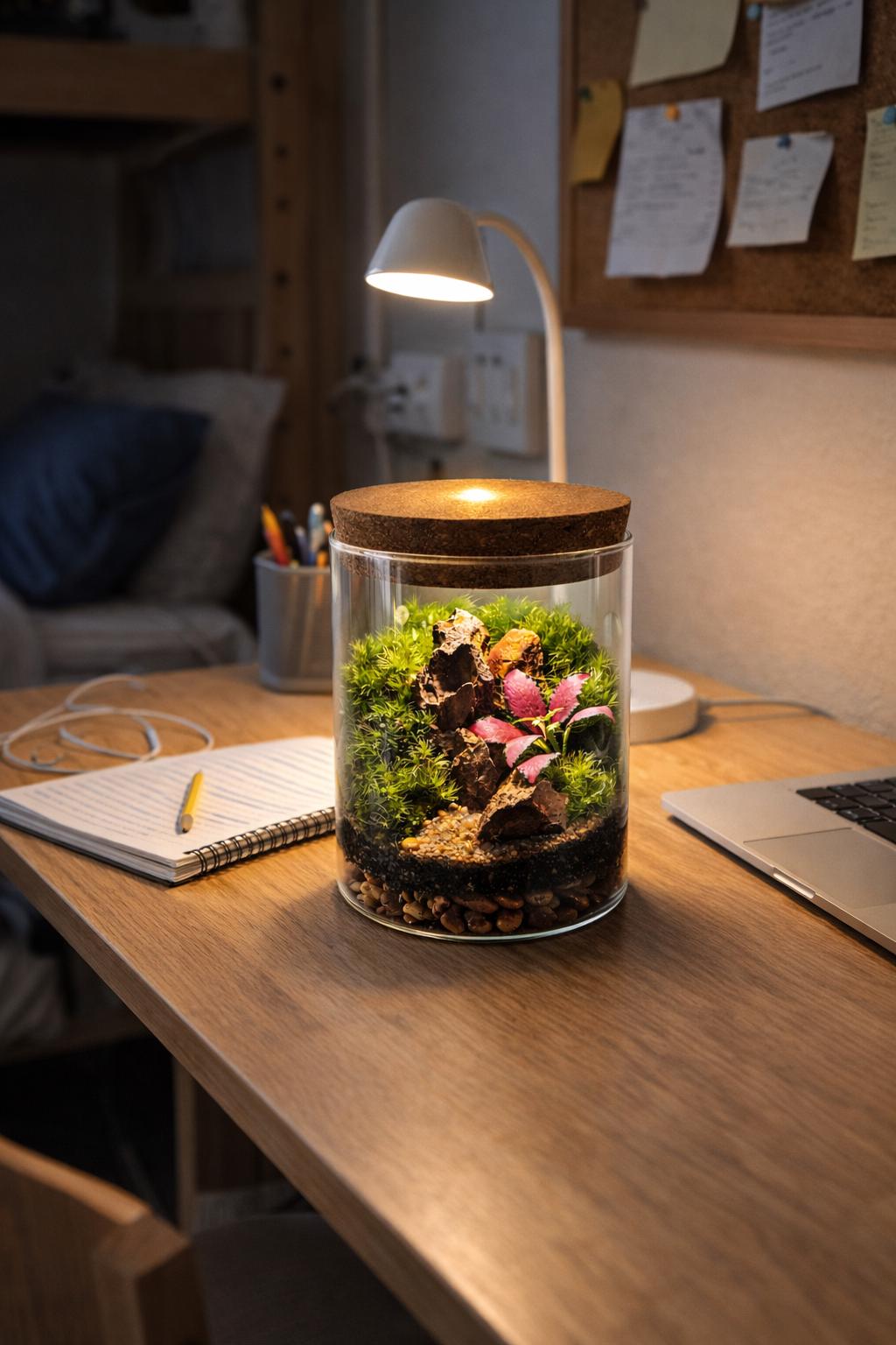 Pink Fittonia Moss Terrarium with Pagoda Stone - Image 9