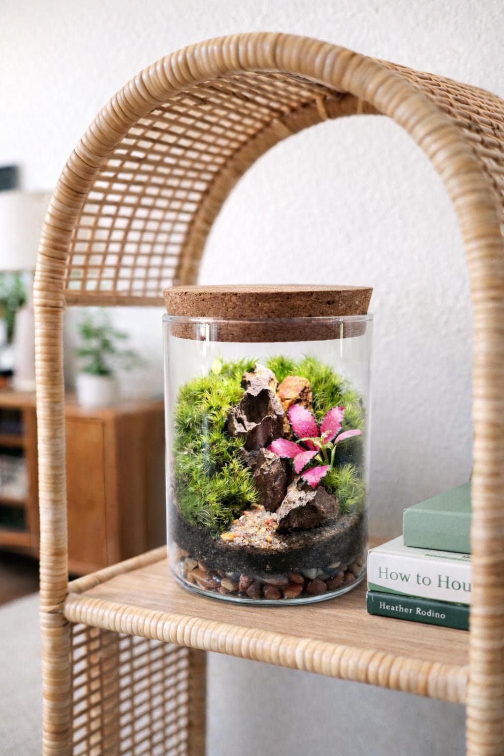Pink Fittonia Moss Terrarium with Pagoda Stone - Image 10