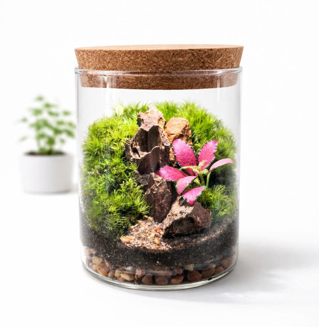 Pink Fittonia Moss Terrarium with Pagoda Stone