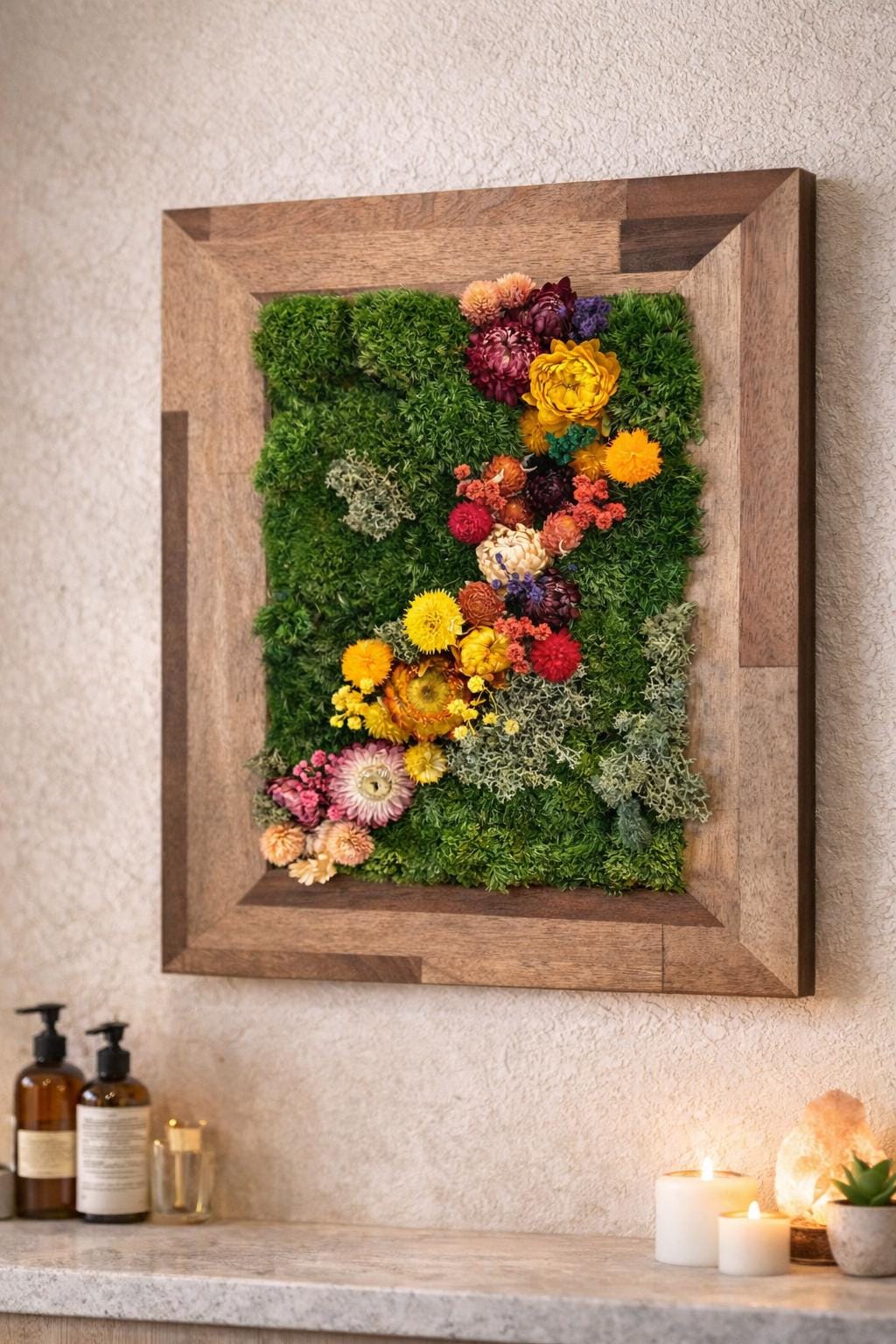 14.5" Framed Moss Wall Art with Dried Flowers