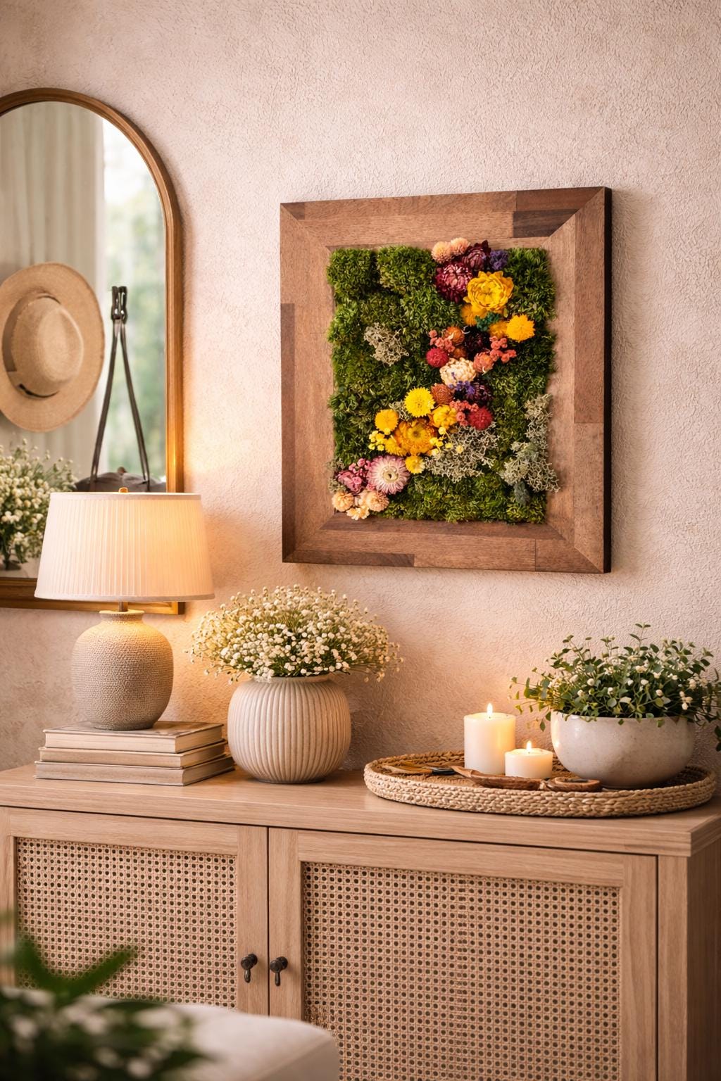 14.5" Framed Moss Wall Art with Dried Flowers - Image 4