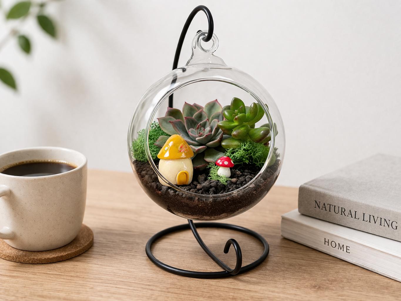 Open Orb Hanging Terrarium Kit with Mushroom Decor - Image 2