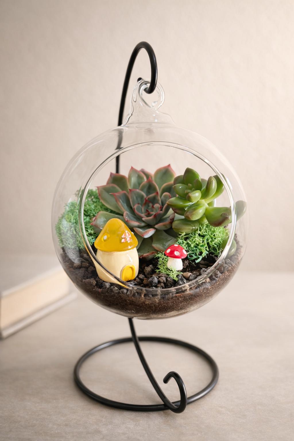 Open Orb Hanging Terrarium Kit with Mushroom Decor - Image 9