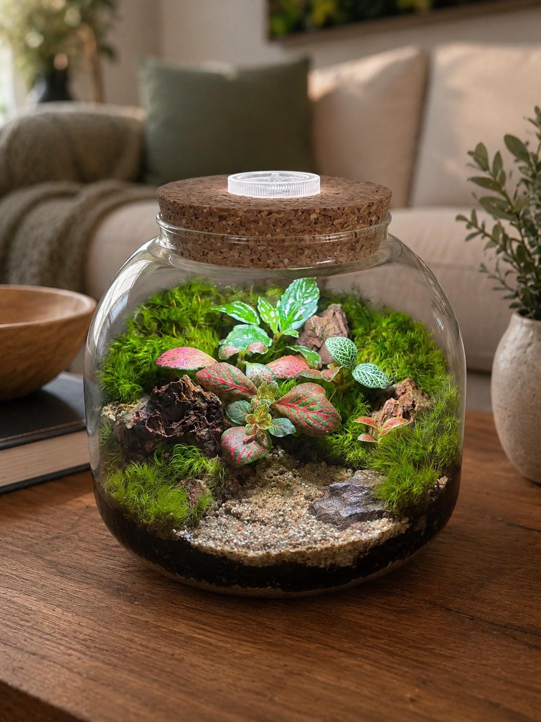 5" LED Cork Lid Terrarium with Live Fittonia