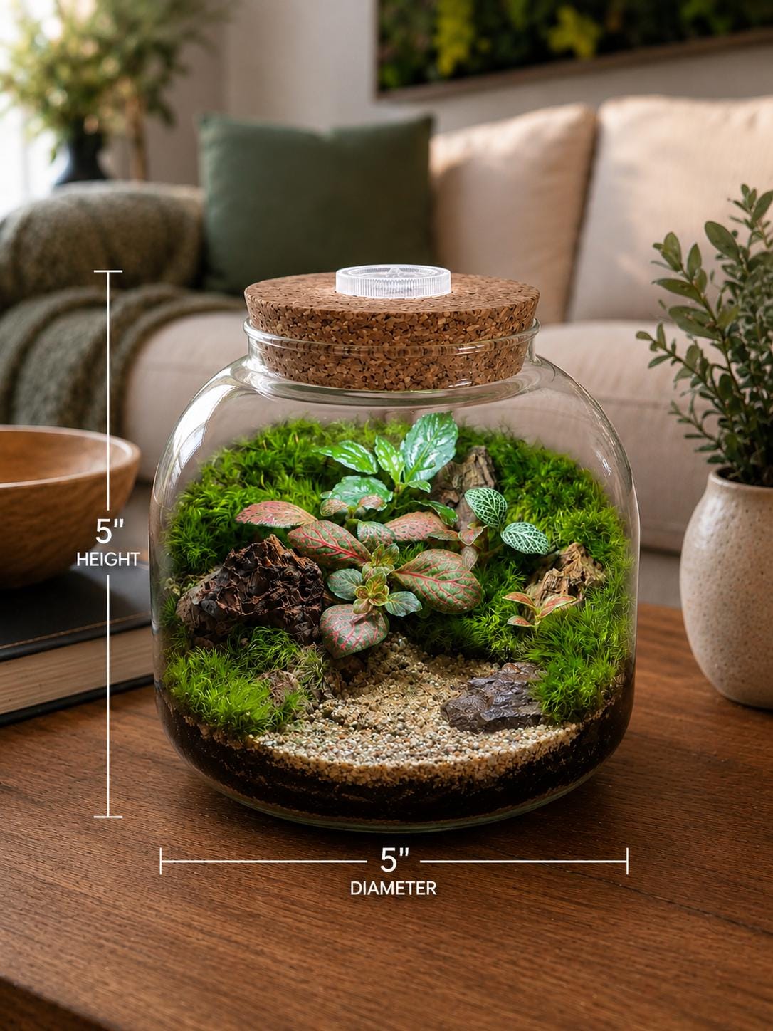 5" LED Cork Lid Terrarium with Live Fittonia - Image 2