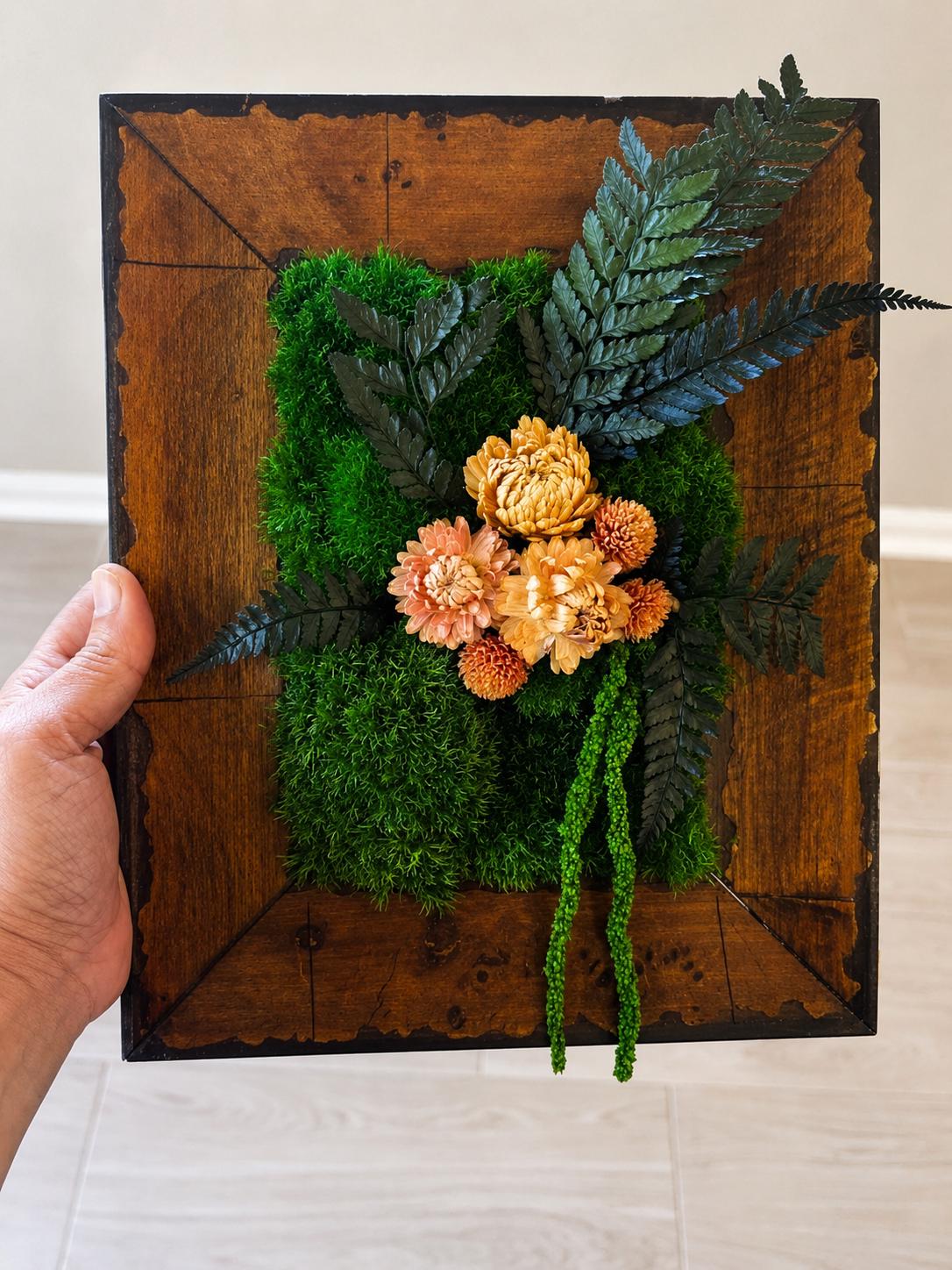 Mid-Century Moss Art with Dried Flowers, Vintage Wood Frame - Image 5