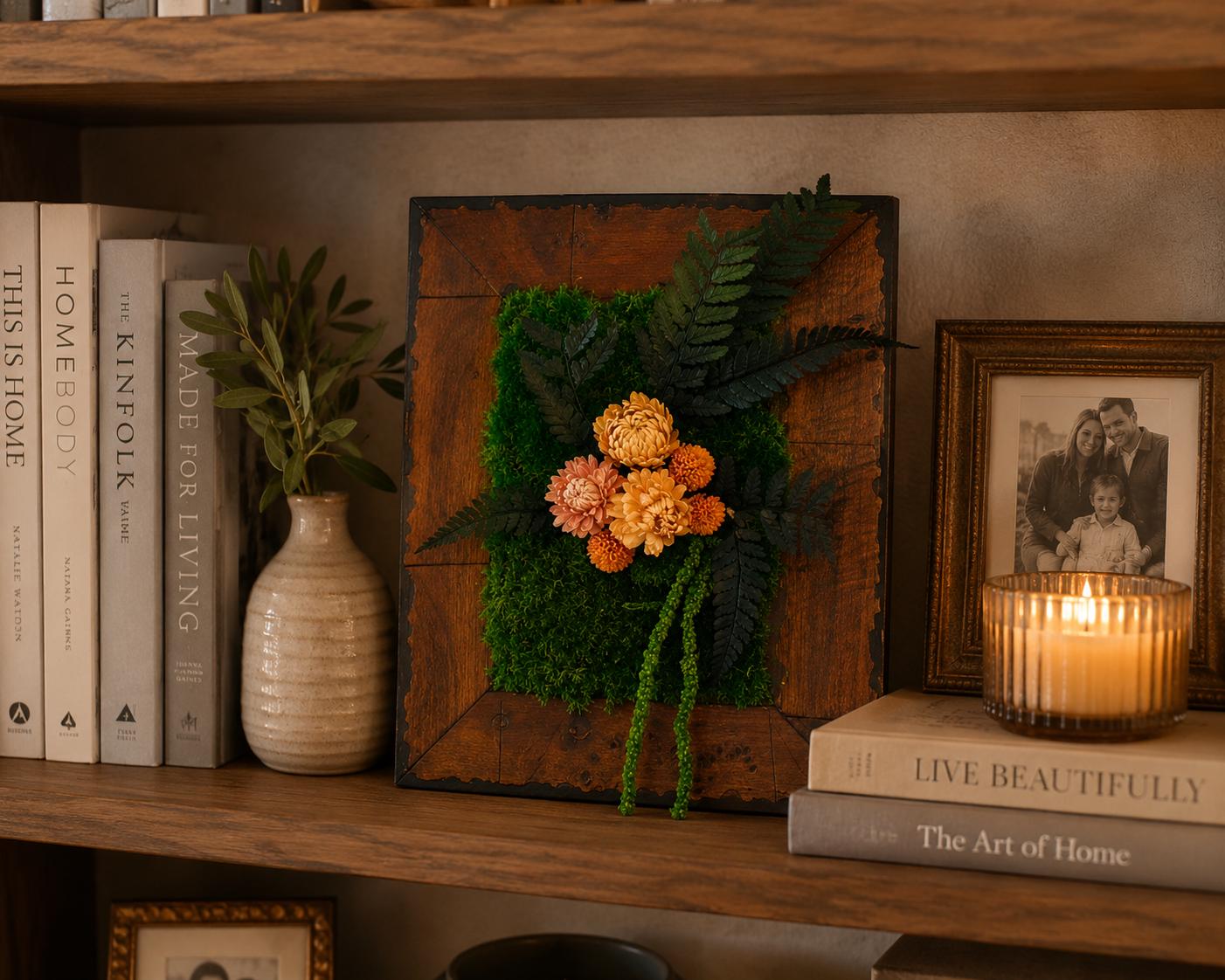 Mid-Century Moss Art with Dried Flowers, Vintage Wood Frame - Image 7