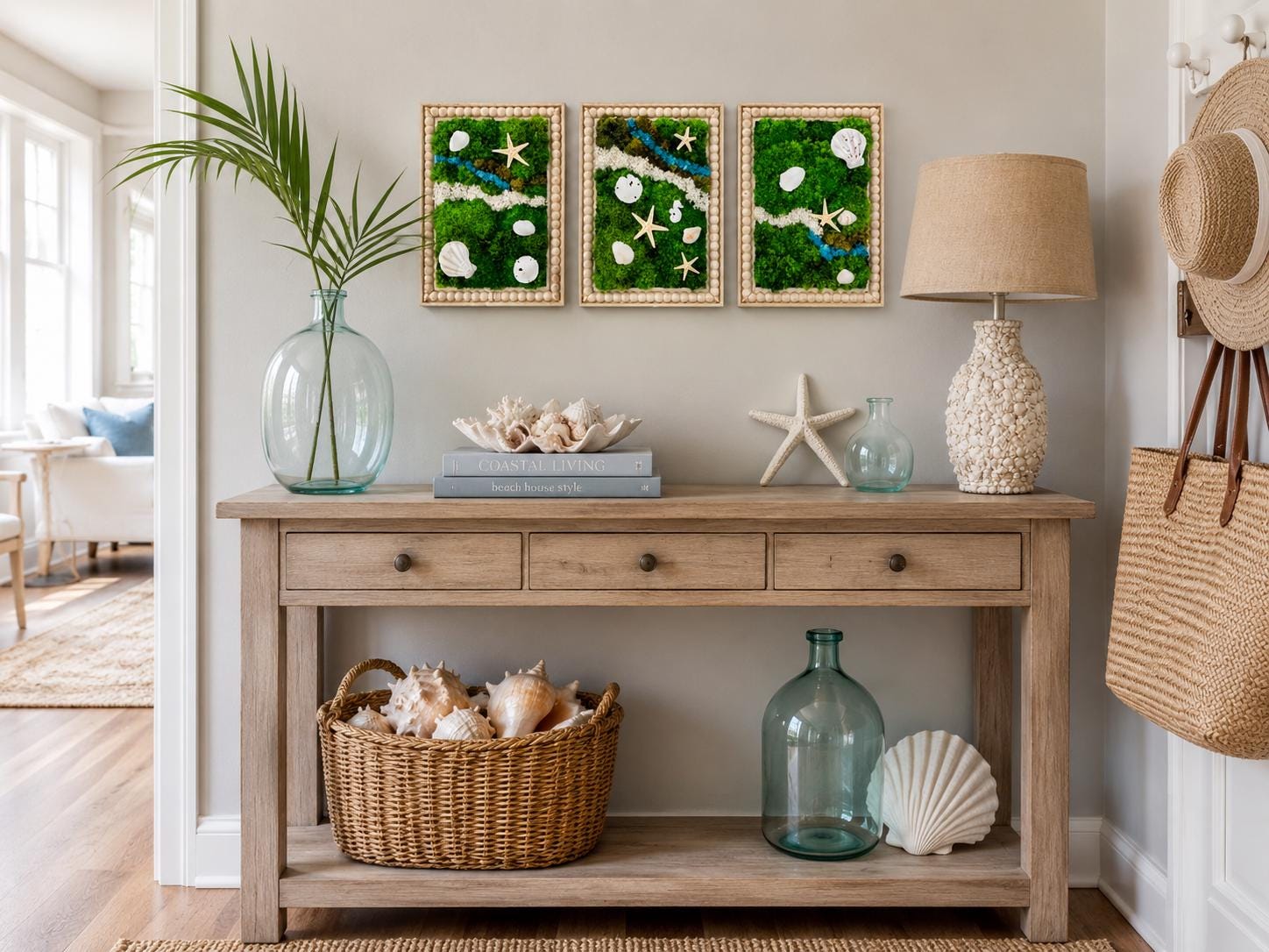 Beach Theme Moss Wall Art with Seashells, Set of 3