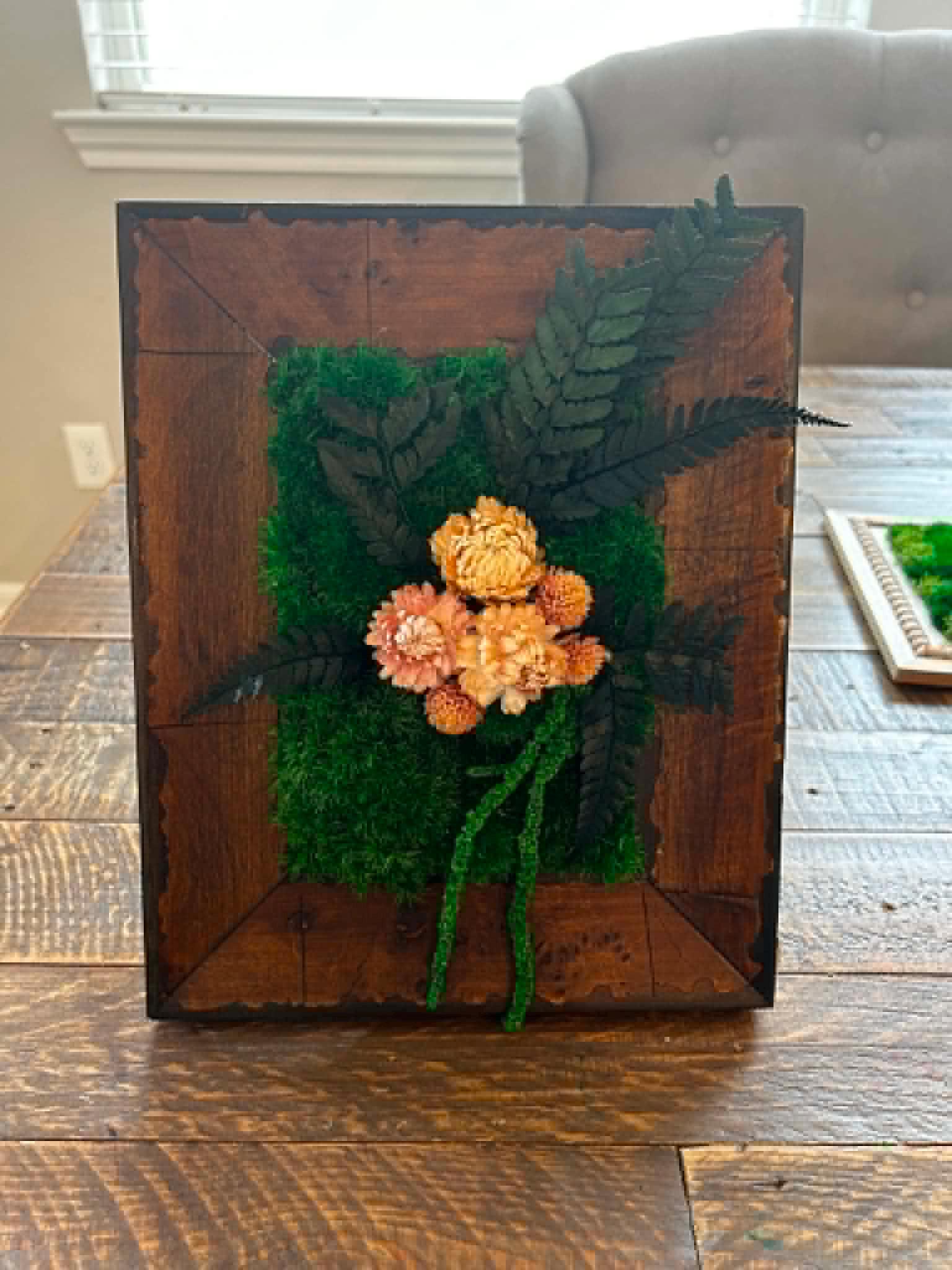 Mid-Century Moss Art with Dried Flowers, Vintage Wood Frame - Image 3
