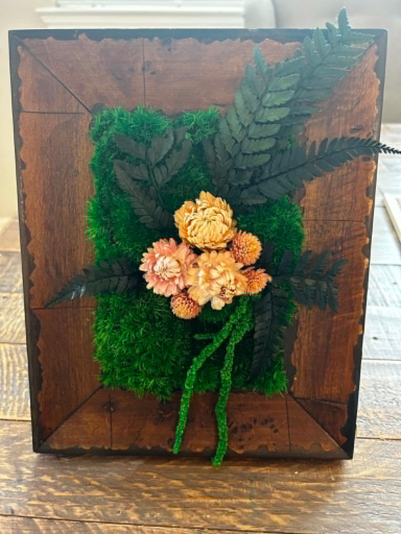 Mid-Century Moss Art with Dried Flowers, Vintage Wood Frame - Image 4