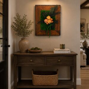 Mid-Century Moss Art with Dried Flowers, Vintage Wood Frame