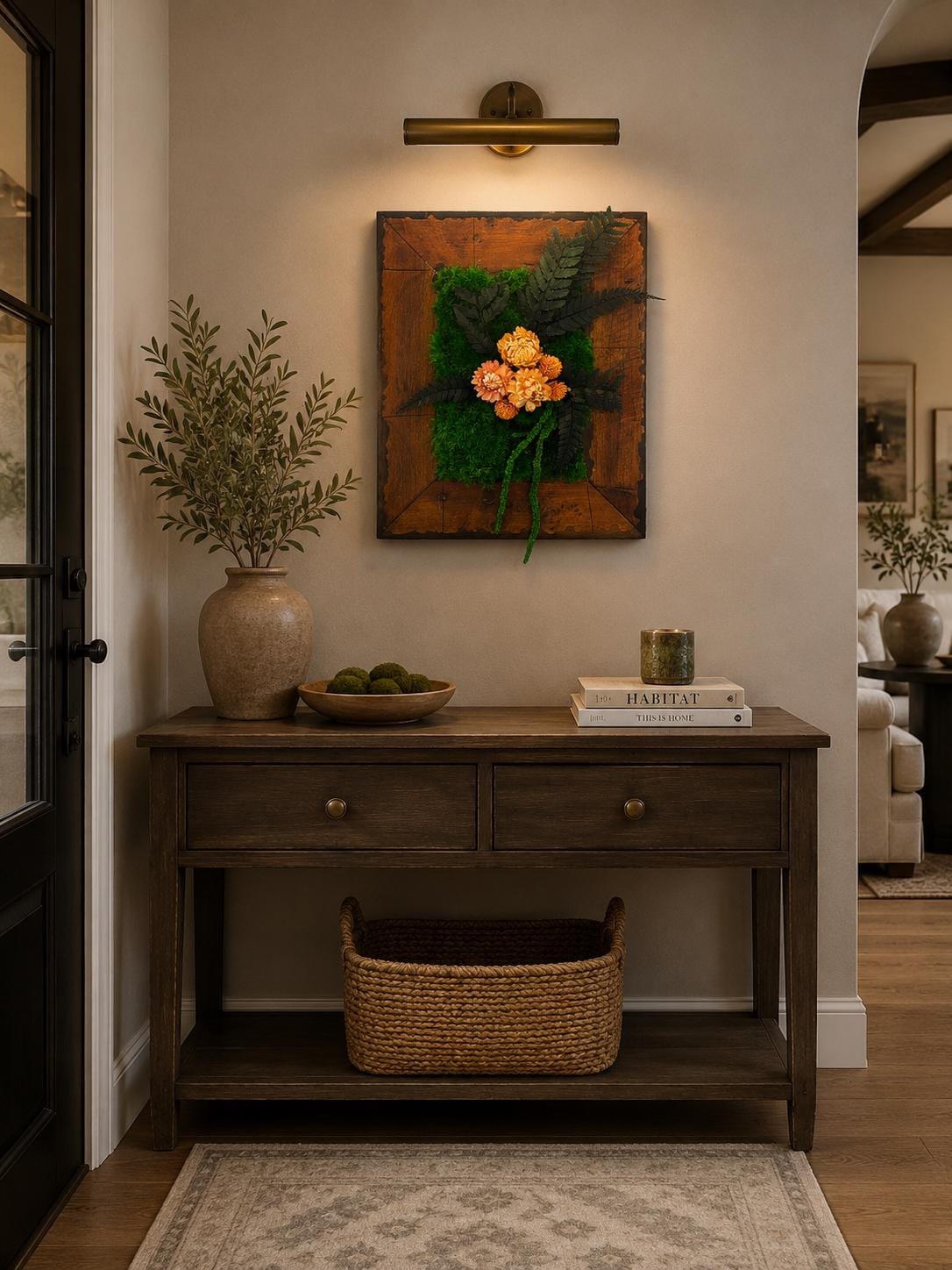 Mid-Century Moss Art with Dried Flowers, Vintage Wood Frame