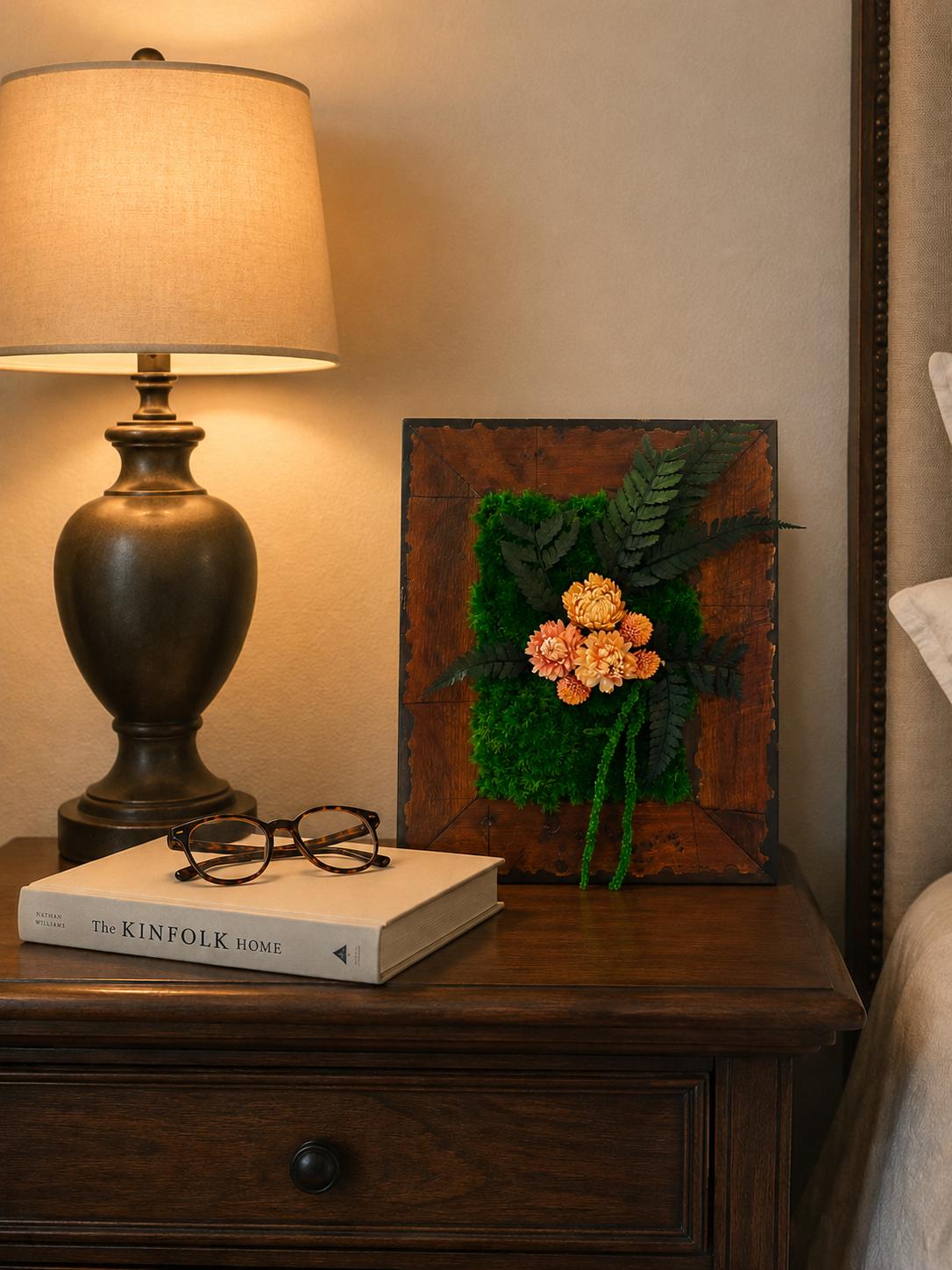 Mid-Century Moss Art with Dried Flowers, Vintage Wood Frame - Image 6