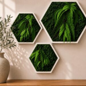 White Hexagon Preserved Moss Wall Art, Set of 3
