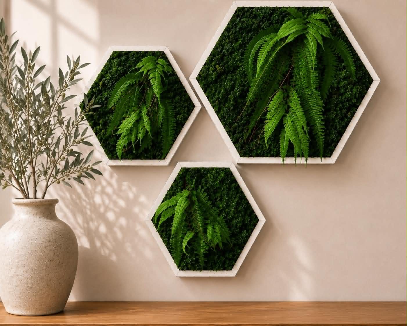 White Hexagon Preserved Moss Wall Art, Set of 3
