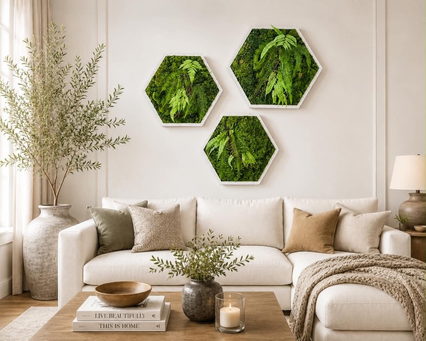 White Hexagon Preserved Moss Wall Art, Set of 3 - Image 4