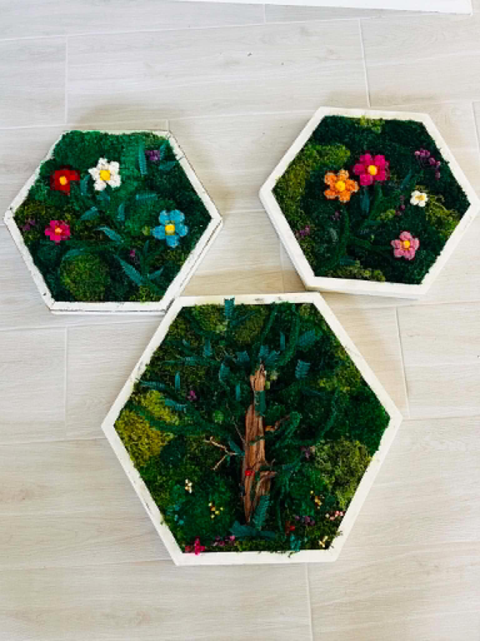 White Hexagon Moss Flower Wall Art, Set of 3 - Image 8