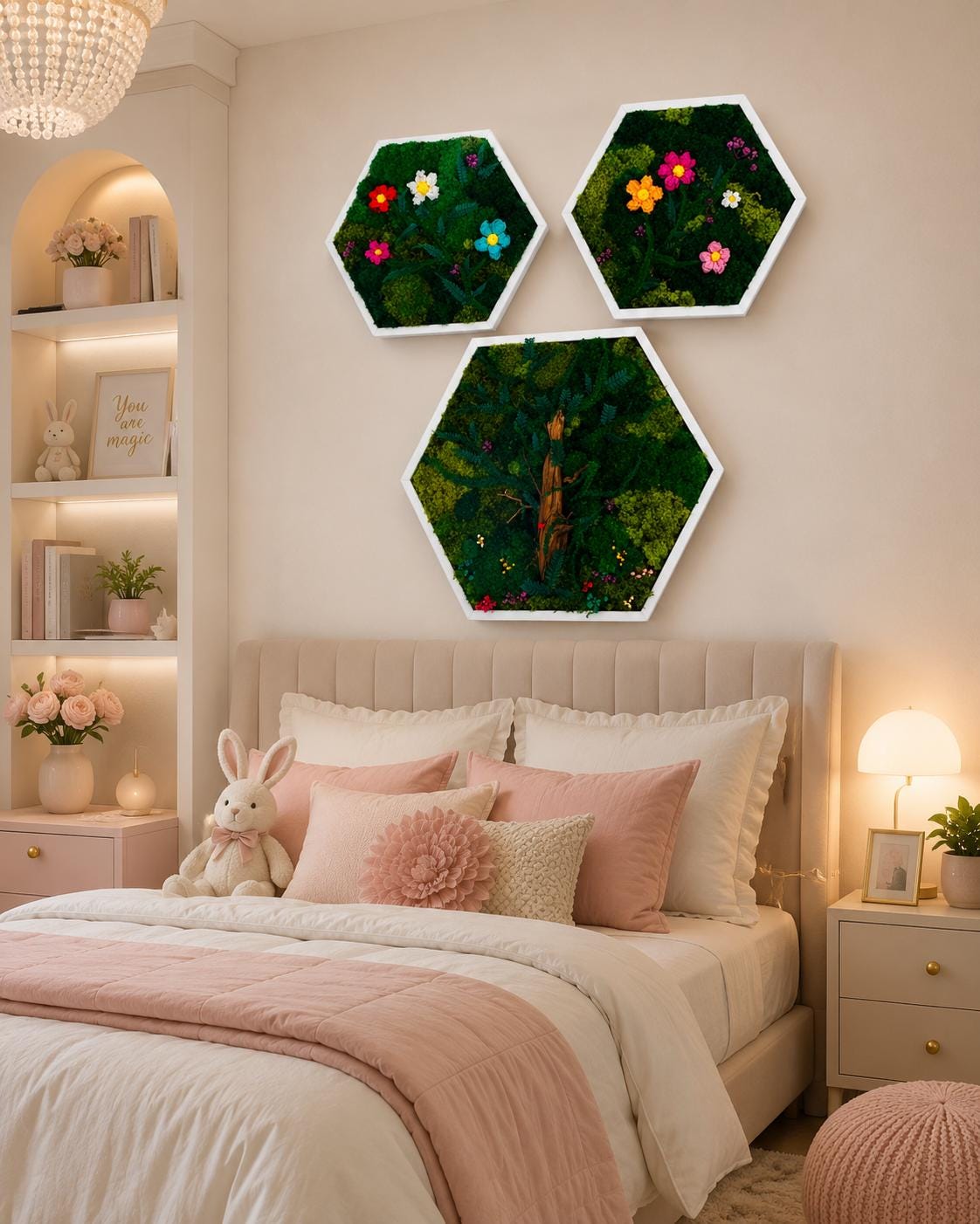 White Hexagon Moss Flower Wall Art, Set of 3 - Image 7