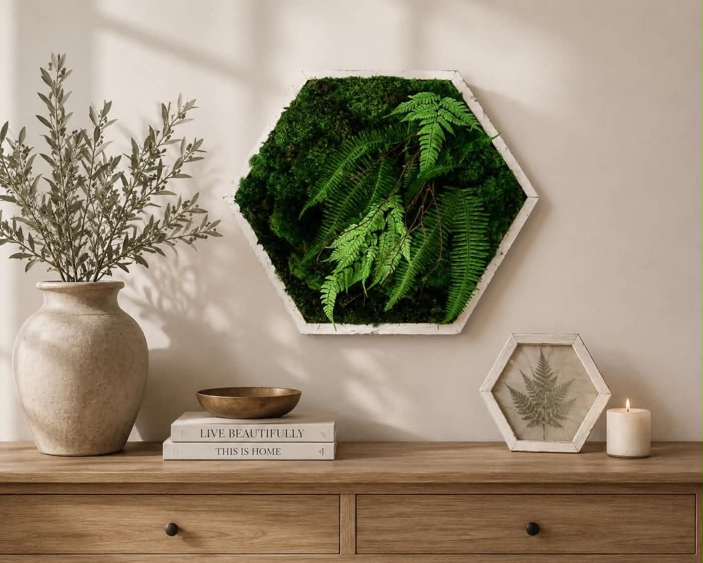 White Hexagon Preserved Moss Wall Art, Set of 3 - Image 7