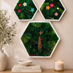 White Hexagon Moss Flower Wall Art, Set of 3