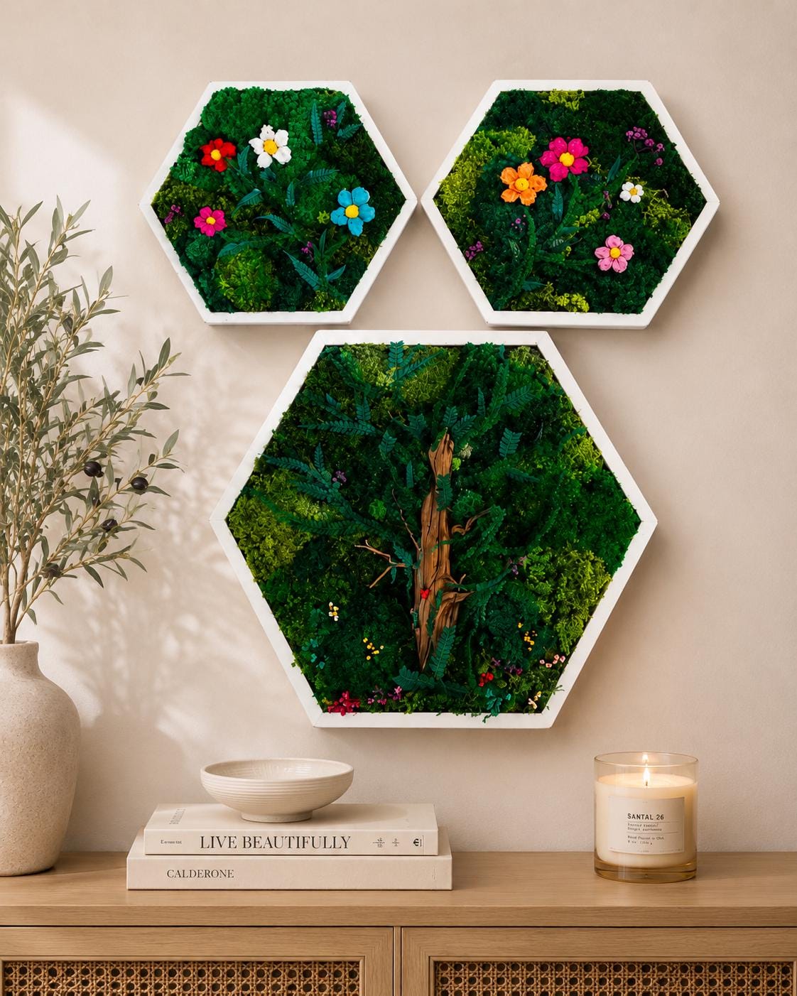 White Hexagon Moss Flower Wall Art, Set of 3