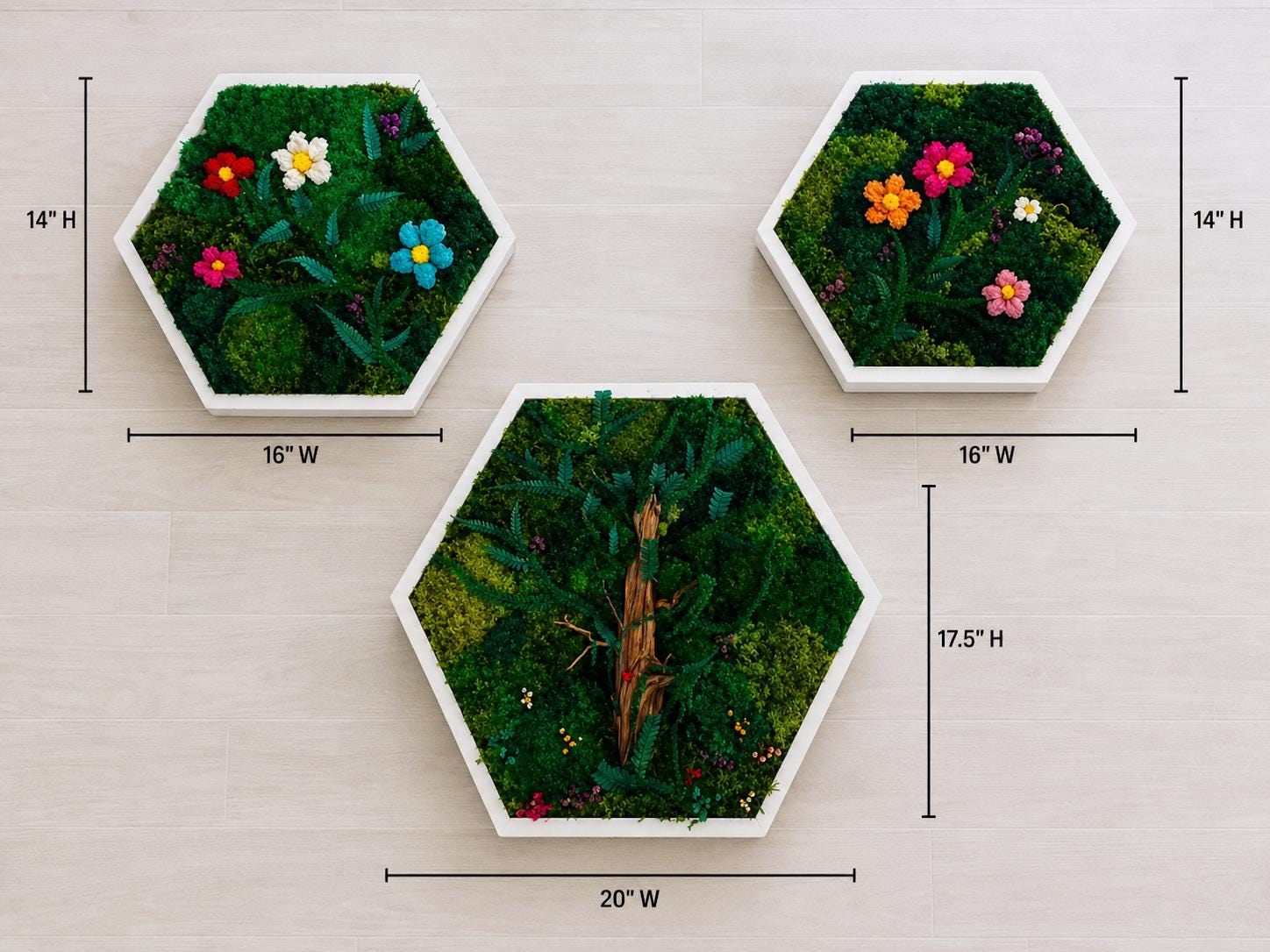 White Hexagon Moss Flower Wall Art, Set of 3 - Image 4
