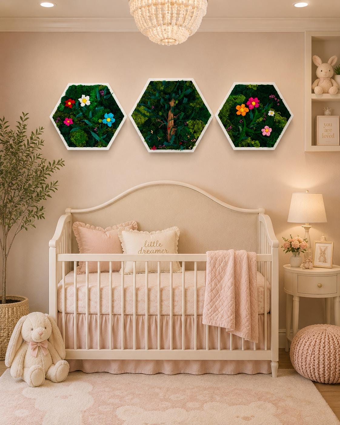 White Hexagon Moss Flower Wall Art, Set of 3 - Image 5