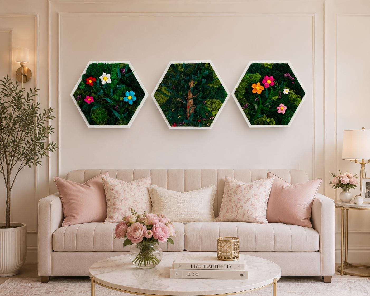 White Hexagon Moss Flower Wall Art, Set of 3 - Image 6