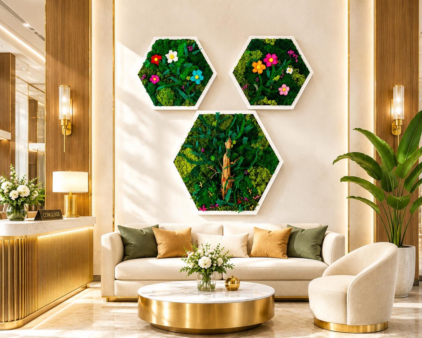 White Hexagon Moss Flower Wall Art, Set of 3 - Image 3