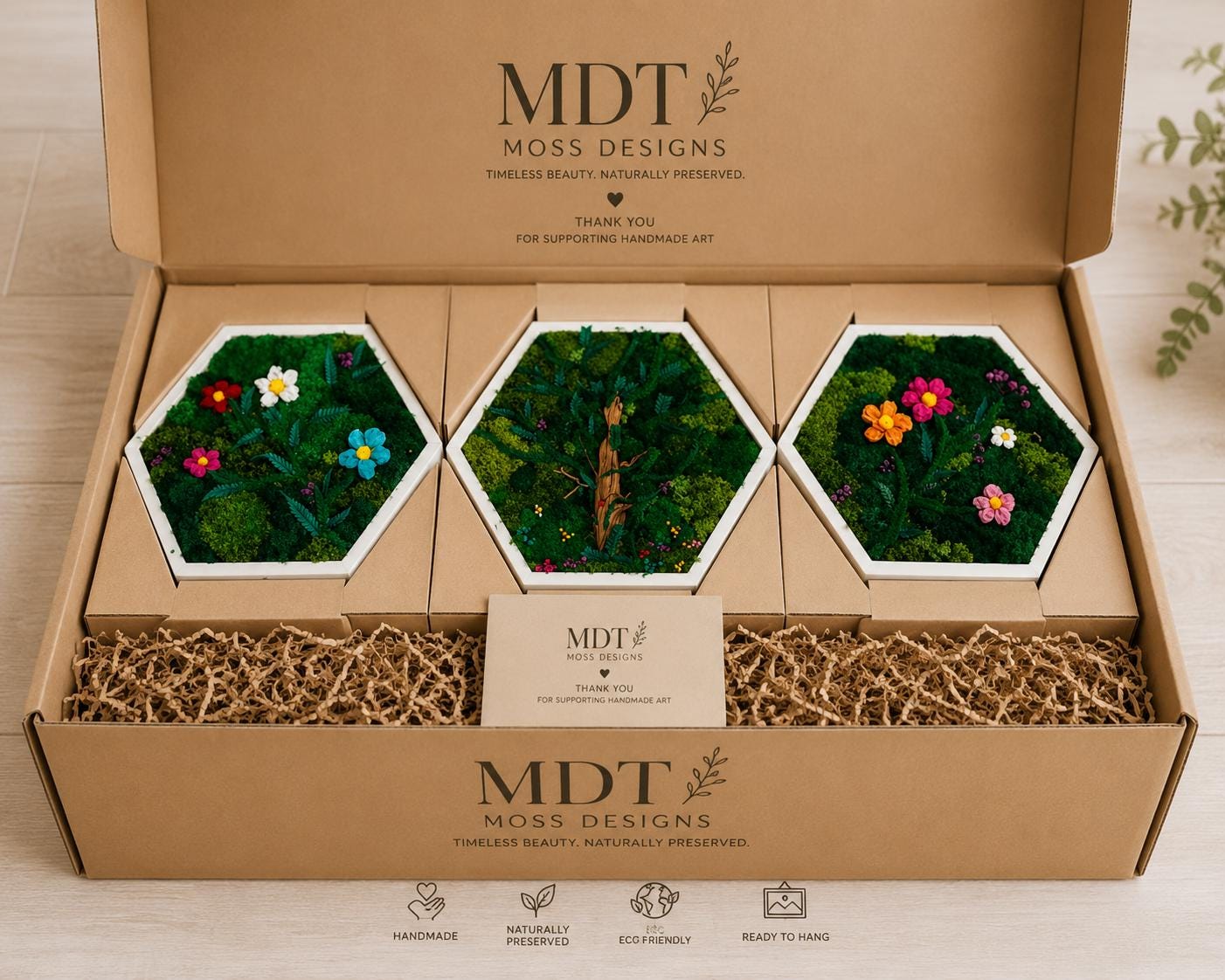 White Hexagon Moss Flower Wall Art, Set of 3 - Image 9