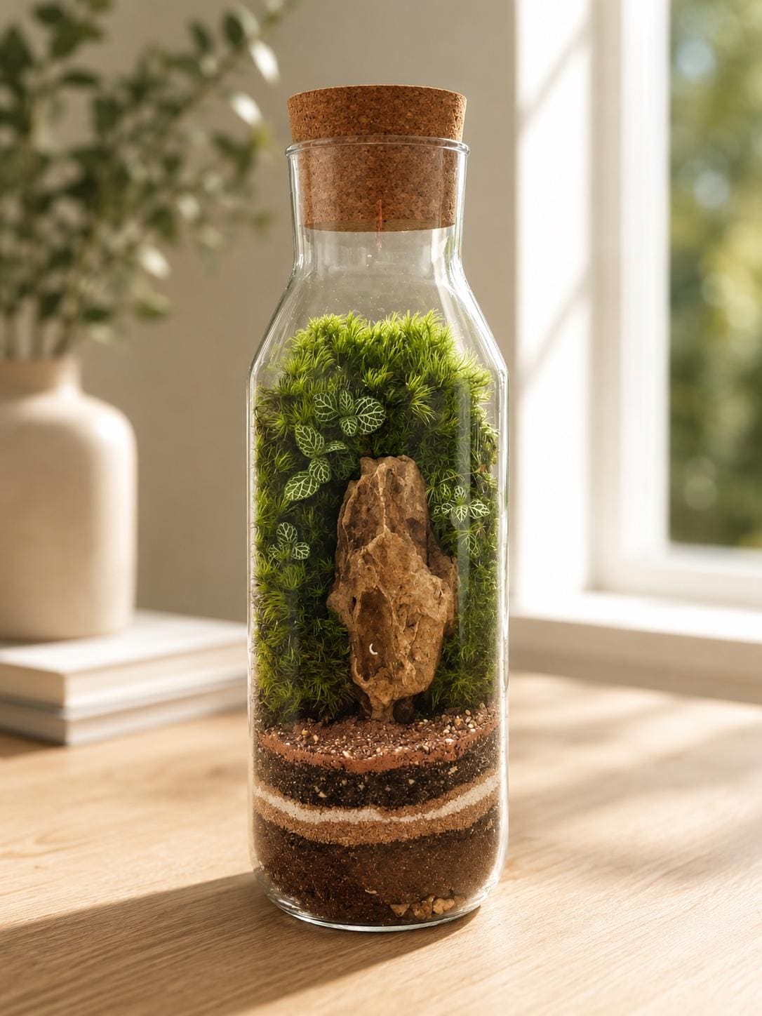 Tall Closed Bottle Terrarium with Pagoda Stone