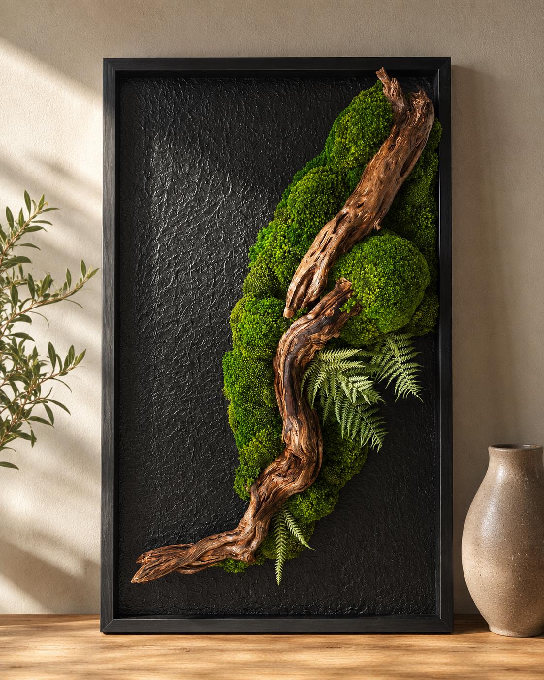 Luxury Preserved Moss Wall Art with Natural Driftwood