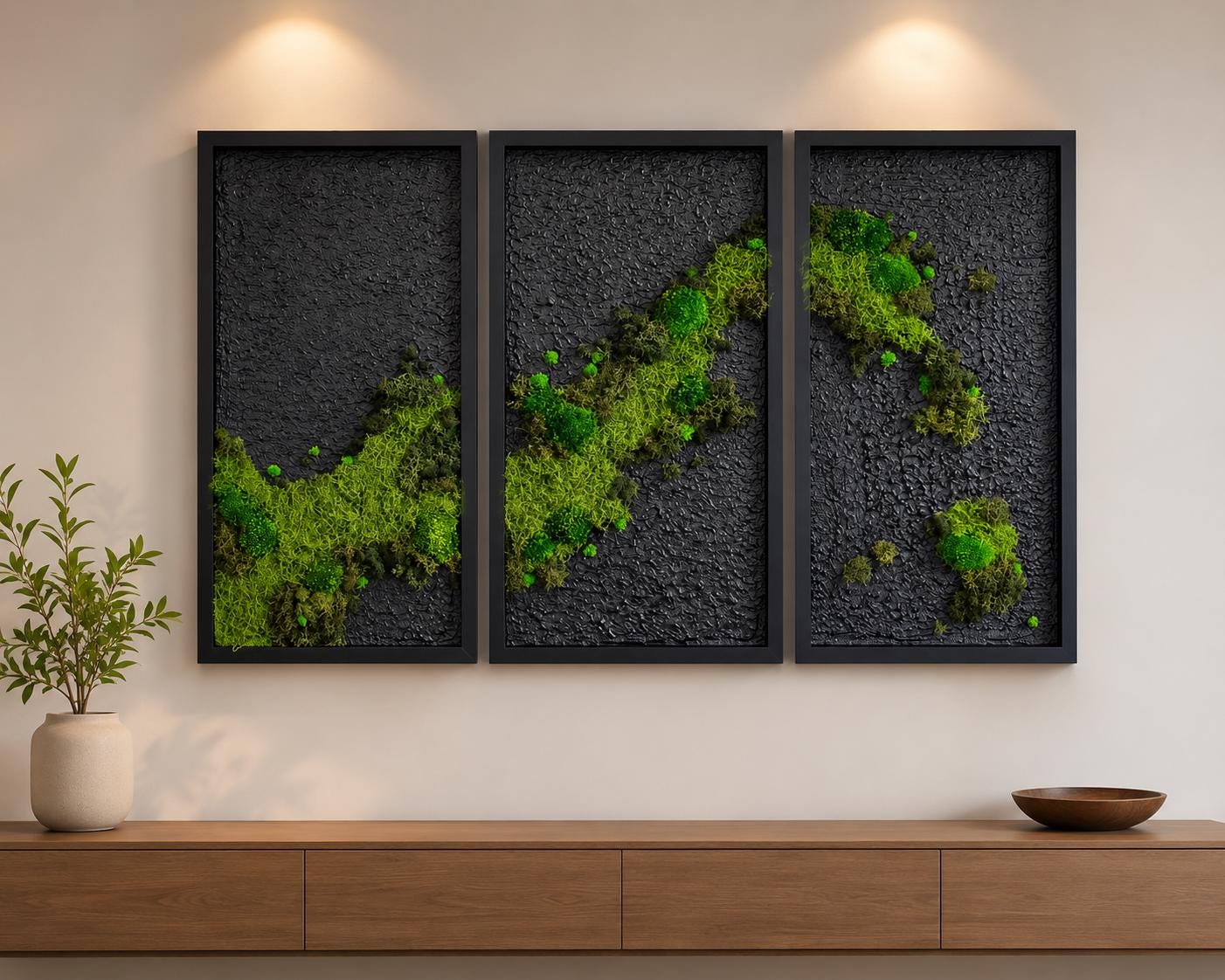 Black Framed Preserved Moss Wall Art, 24x12 Set of 3 - Image 6