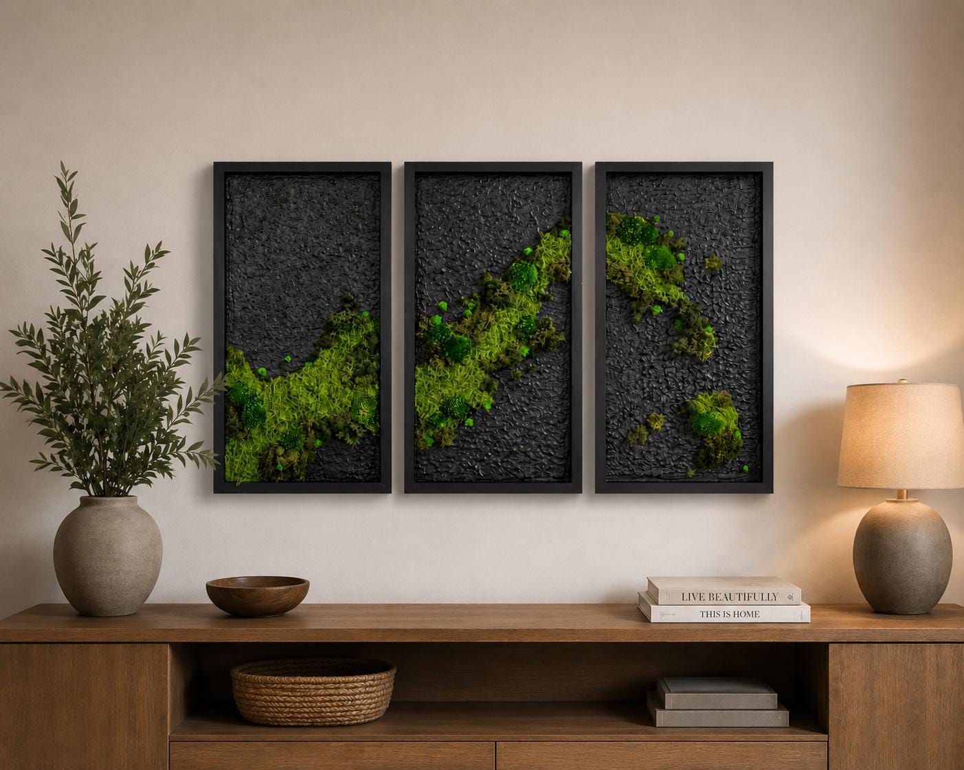 Black Framed Preserved Moss Wall Art, 24x12 Set of 3